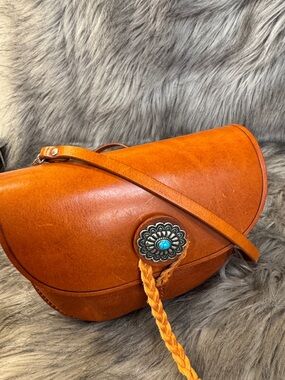 Old Trend Leather Saddle Crossbody Bag in Brown with Turquoise Concho